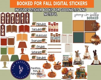 May include: Digital sticker set with a fall theme. Includes stickers with books, lamps, and pumpkins. Features text such as "Monday", "Today", and "Next Week". The stickers are designed for use with GoodNotes and Noteful.