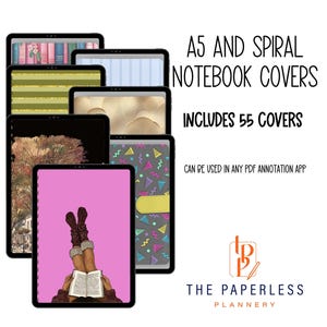 May include: A collection of digital notebook covers displayed on tablets. The covers feature various designs, including floral, geometric, and artistic illustrations. Text on the image reads "A5 AND SPIRAL NOTEBOOK COVERS, INCLUDES 55 COVERS, CAN BE USED IN ANY PDF ANNOTATION APP."
