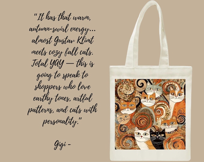 Featured listing image: Autumn Swirl Cat Tote Bag Artistic Orange & Brown Cats Canvas Cozy Fall Shopping Bag