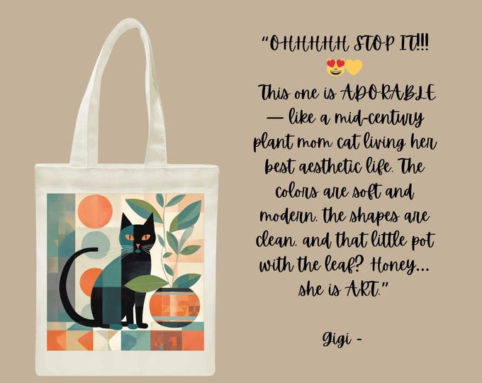 Featured listing image: Mid-Century Modern Black Cat Canvas Tote: Teal & Orange Botanical Design