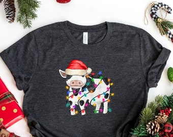 Cow Christmas T-Shirt, Christmas Shirt, Funny Christmas Tee, Cute Cow Christmas, Merry Christmas, Christmas Lights Shirt, Xmas Cow Shirt