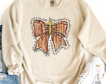 Retro Thanksgiving Sweatshirt, Fall Pumpkin Bow Sweater, Fall Coquette Bow Sweatshirt, Grateful Blessed Thankful Sweater, Thanksgiving Gift
