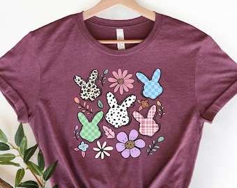 Boho Flower Bunnies T-Shirt, Easter Shirt, Cute Bunny Shirt, Vintage Easter Bunny Shirt, Minimal Floral Bunny Tee, Easter Day Apparel