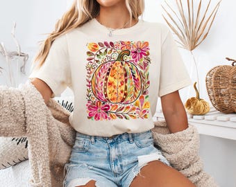 Floral Pumpkin Shirt, Autumn Shirt, Fall T-Shirt, Pumpkin Floral Tee, Watercolor Pumpkin Fall Shirt, Autumn Outfit, Pumpkin Fall Wear