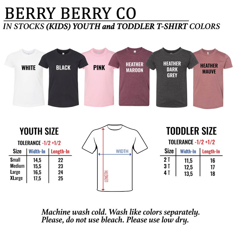 以下が含まれることがあります： 白、黒、ピンク、ヘザーマルーン、ヘザーダークグレー、ヘザーモーヴなど、さまざまな色の子供と幼児用Tシャツの画像。 幅と長さの測定値がcmで表示された、子供と幼児のサイズチャートが含まれています。