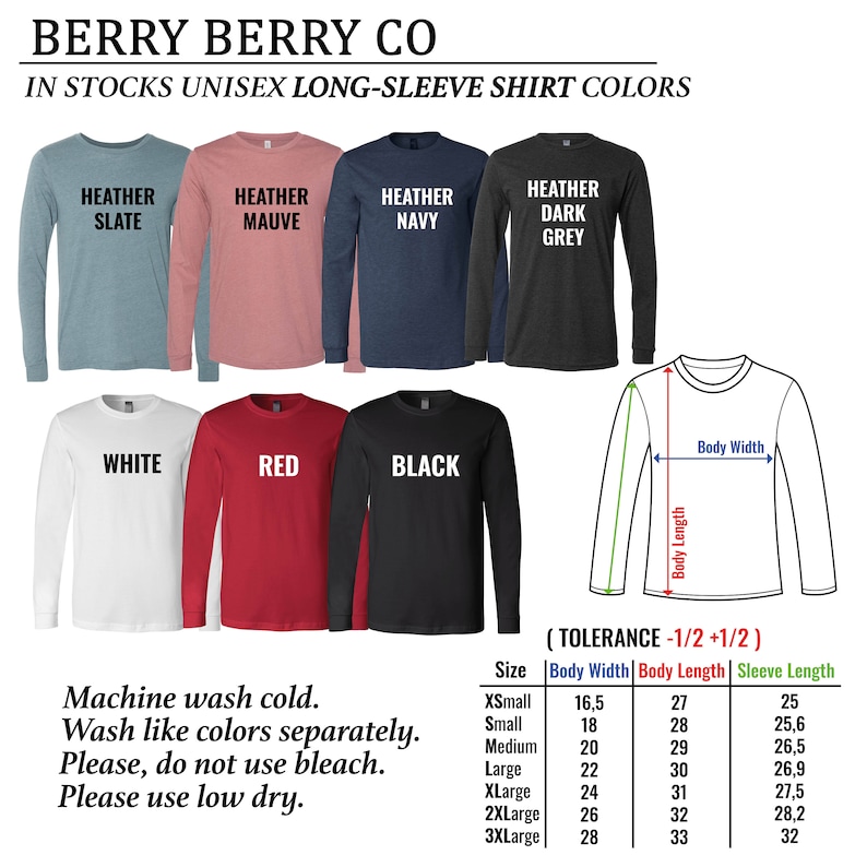 以下が含まれることがあります： さまざまな色の長袖シャツの画像。ヘザー スレート、モーヴ、ネイビー、ダークグレー、白、赤、黒。画像には「BERRY BERRY CO」と「IN STOCKS UNISEX LONG-SLEEVE SHIRT COLORS」という文字が書かれています。サイズチャートも含まれています。