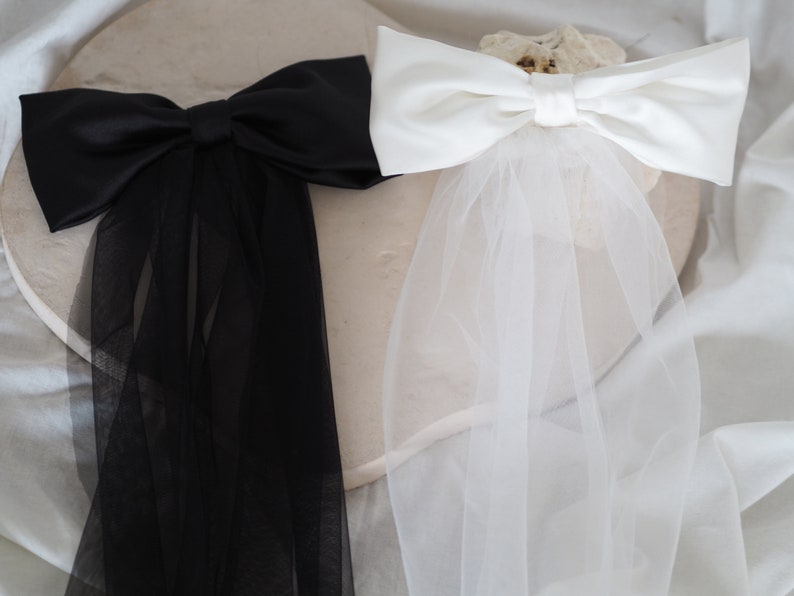 Handgemachter kurzer Braut Schleier mit Schleife ivory oder schwarz image 2