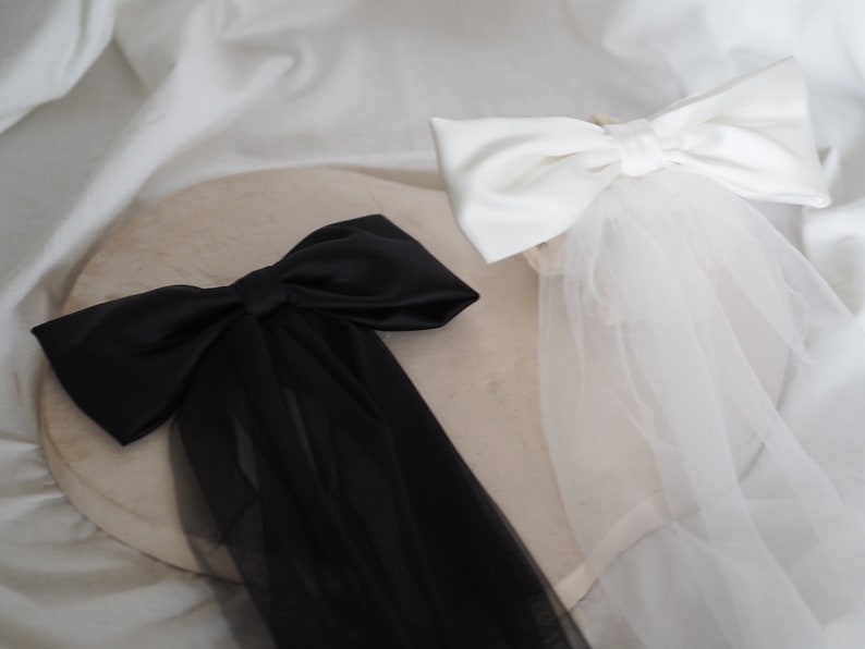 Handgemachter kurzer Braut Schleier mit Schleife ivory oder schwarz image 5