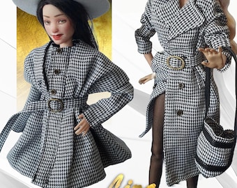 1/6 Elegant fashion doll outfit - vintage coat, Houndstooth trenchcoat doll clothing with Hat & Tights fancy dress for 30 cm doll figures