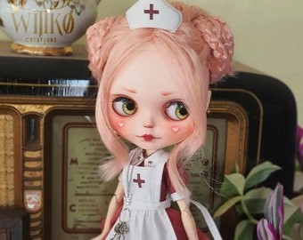 VIRGINIA - OOAK Blythe doll nurse pink dress outfit for Blythe dolls doctor creepy cute style pastel dress halloween doll blythe custom