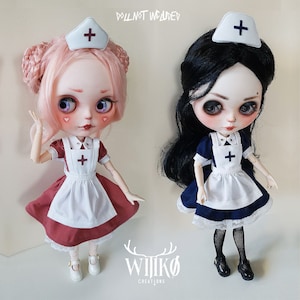 Blythe clothes Outfit with shoes Nurse Handmade dress ob22 ob24 blythe halloween dress goth horror kawaii wednesday addams doll menhera