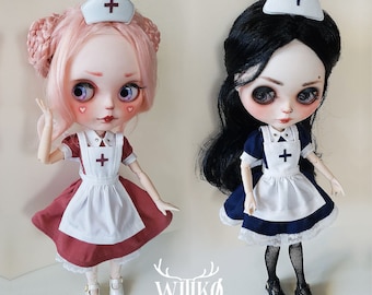 Blythe clothes Outfit with shoes Nurse Handmade dress ob22 ob24 blythe halloween dress goth horror kawaii wednesday addams doll menhera