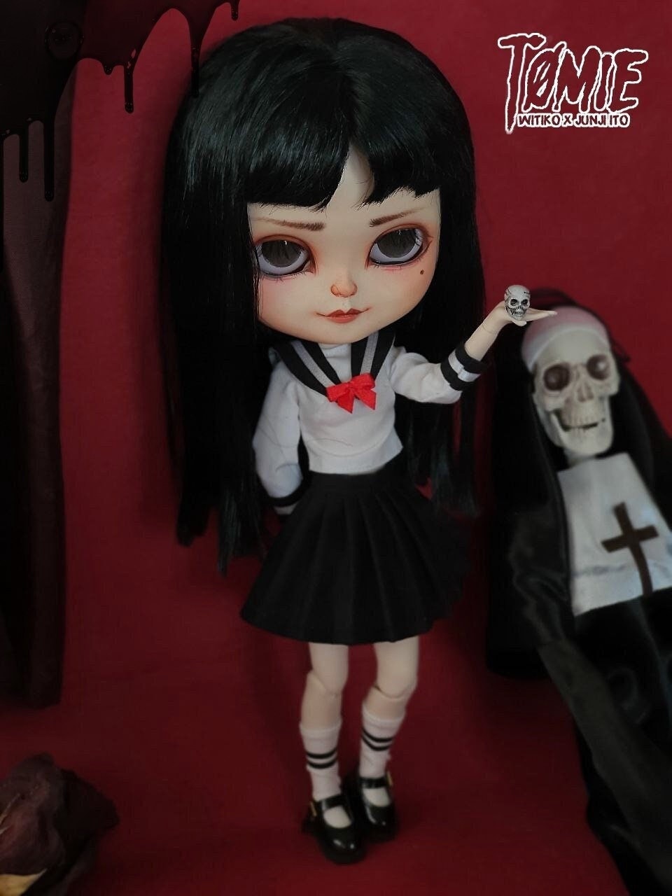 TOMIE Junji Ito inspired OOAK Blythe doll japanese school girl outfit creepy doll yandere Tomie doll macabre goth halloween handmade doll