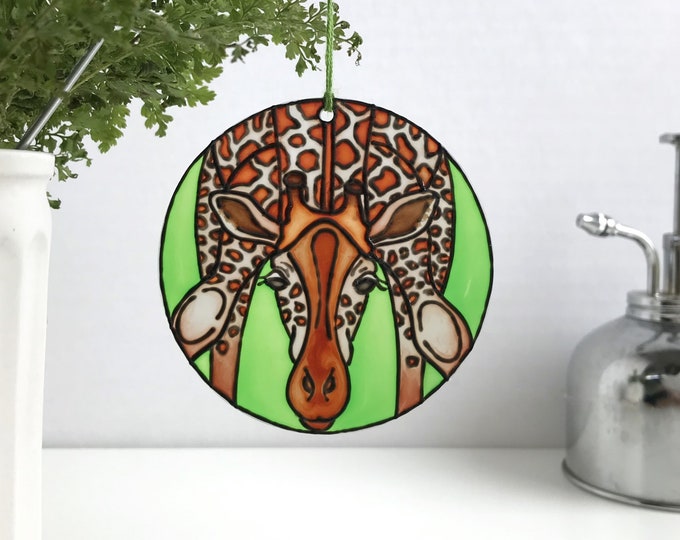 Giraffe glass decoration, African wildlife sun catcher, houseplant accessory, Christmas tree ornament, hand painted gift for animal lover