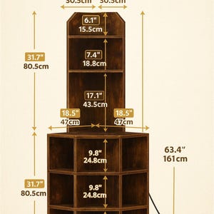 May include: A dark brown wooden bookshelf with multiple shelves. The image includes measurements in inches and centimeters, with the overall height at 63.4 inches (161 cm). The text "DIMENSIONS" is at the top.
