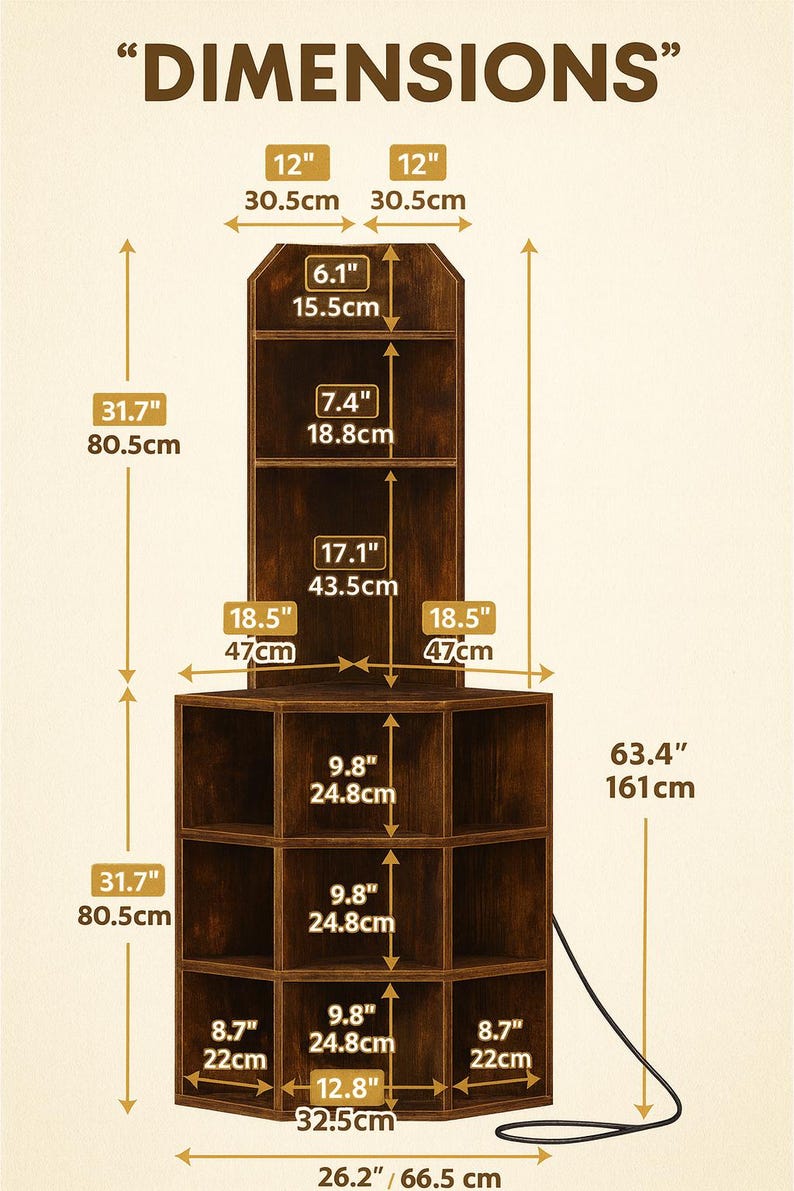 May include: A dark brown wooden bookshelf with multiple shelves. The image includes measurements in inches and centimeters, with the overall height at 63.4 inches (161 cm). The text "DIMENSIONS" is at the top.