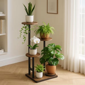 May include: A multi-tiered plant stand with various potted plants. The stand has a black metal frame and wooden shelves. Plants include a snake plant, fern, orchid, and monstera. The pots are white and terracotta.