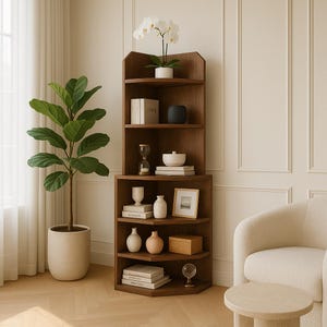 May include: A dark brown wooden corner bookshelf filled with decorative items, including books, vases, a small hourglass, and a framed picture. A potted plant and a white orchid in a pot are also visible.