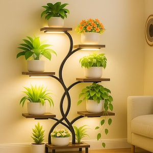 8-Tier Corner Plant Stand with Grow Lights: Indoor Metal & Wood Shelf