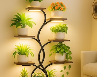 8-Tier Corner Plant Stand with Grow Lights: Indoor Metal & Wood Shelf