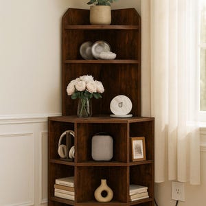 May include: A dark brown wooden corner shelf unit filled with decorative items. The shelves hold a potted plant, plates, a vase of flowers, a wireless speaker, headphones, books, vases, and a framed picture. The unit is placed in a corner next to a window.