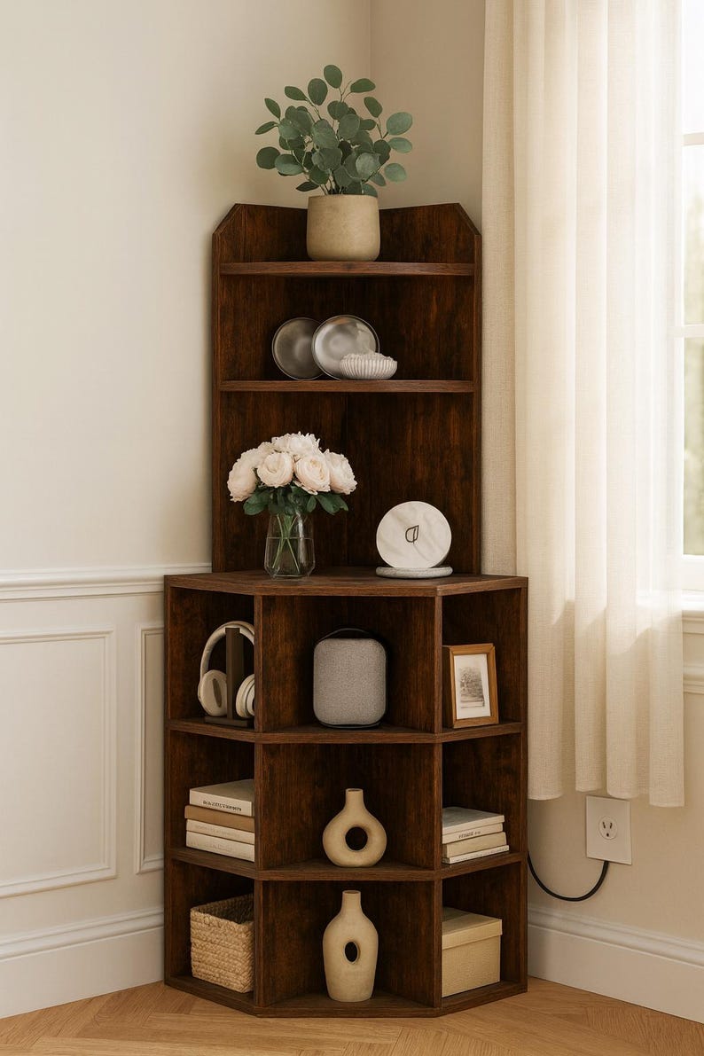 May include: A dark brown wooden corner shelf unit filled with decorative items. The shelves hold a potted plant, plates, a vase of flowers, a wireless speaker, headphones, books, vases, and a framed picture. The unit is placed in a corner next to a window.