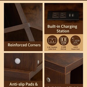 May include: A dark brown corner shelf with a solid wood finish, reinforced corners, and anti-slip pads. It features a built-in charging station with two AC outlets, two USB ports, and a 4.9 ft power cord.