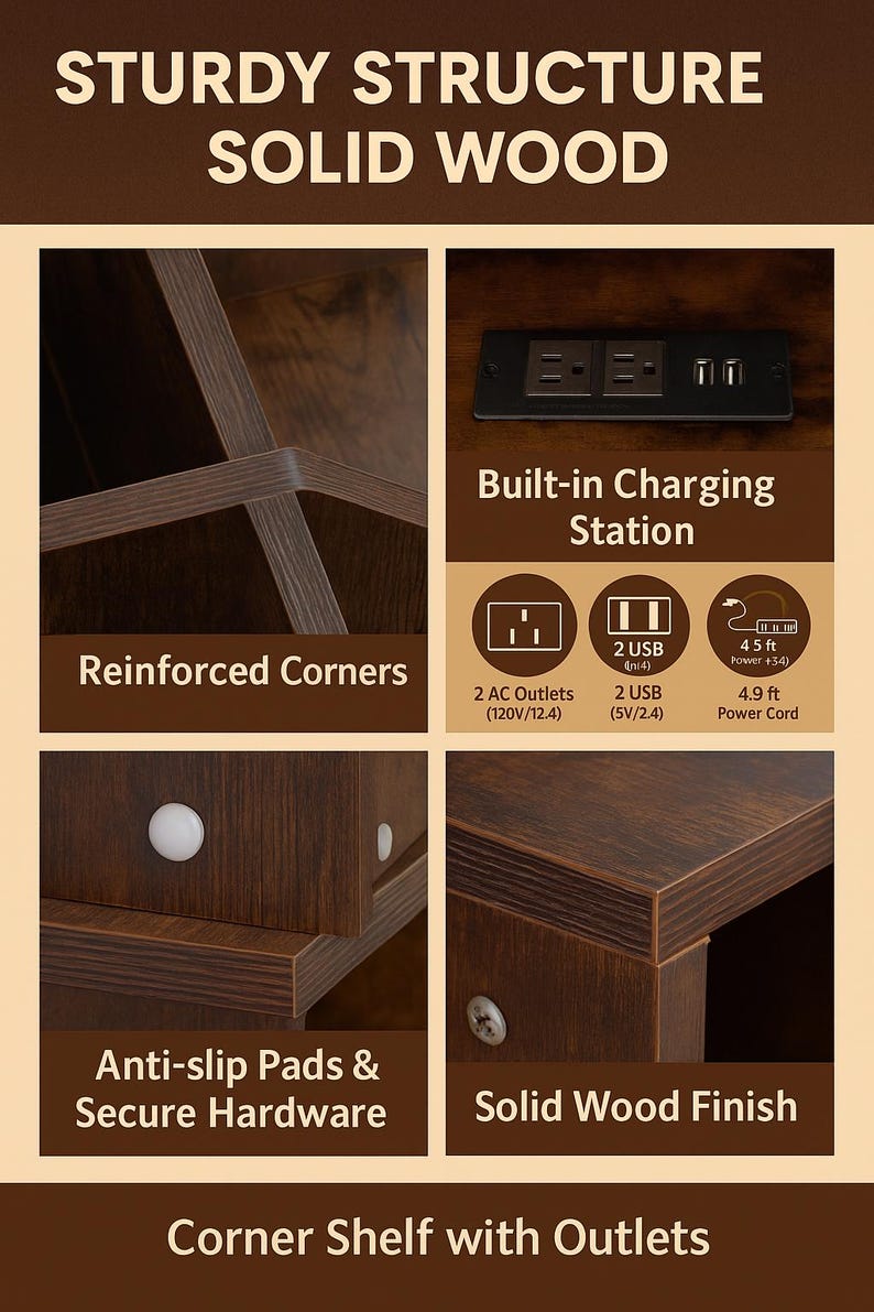 May include: A dark brown corner shelf with a solid wood finish, reinforced corners, and anti-slip pads. It features a built-in charging station with two AC outlets, two USB ports, and a 4.9 ft power cord.