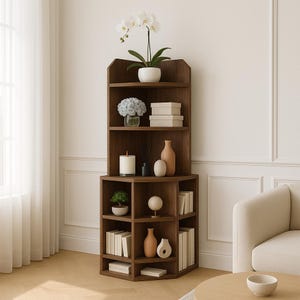 May include: A dark brown corner bookshelf with multiple shelves, displaying decorative items like vases, books, and a potted orchid. The shelves are filled with various objects, including a small bonsai tree, candles, and decorative boxes. The design is modern and space-saving.