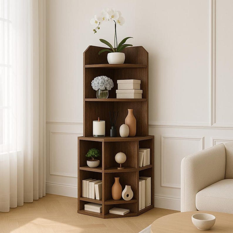 May include: A dark brown corner bookshelf with multiple shelves, displaying decorative items like vases, books, and a potted orchid. The shelves are filled with various objects, including a small bonsai tree, candles, and decorative boxes. The design is modern and space-saving.