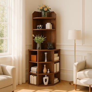 May include: A dark brown wooden corner bookshelf with multiple shelves. The shelves display books, vases, and decorative items. The top shelf holds a vase of yellow roses. A camera and a decorative box are on the second shelf. The bookshelf is in a well-lit room.