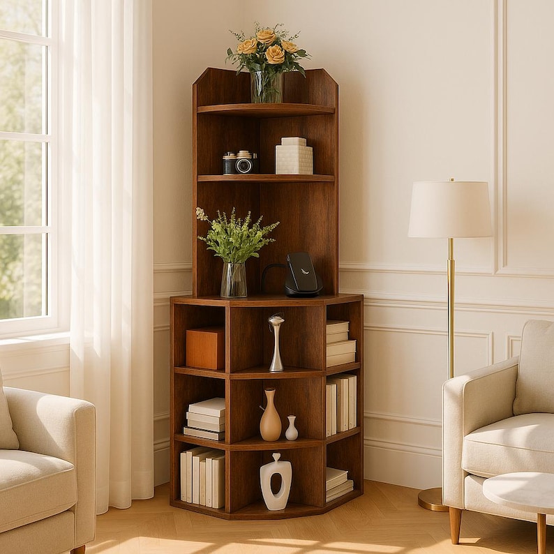May include: A dark brown wooden corner bookshelf with multiple shelves. The shelves display books, vases, and decorative items. The top shelf holds a vase of yellow roses. A camera and a decorative box are on the second shelf. The bookshelf is in a well-lit room.