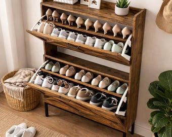 Shoe Cabinet Adjustable Drawers Flip Storage| Farmhouse Shoe Rack| Rustic Shoe Storage
