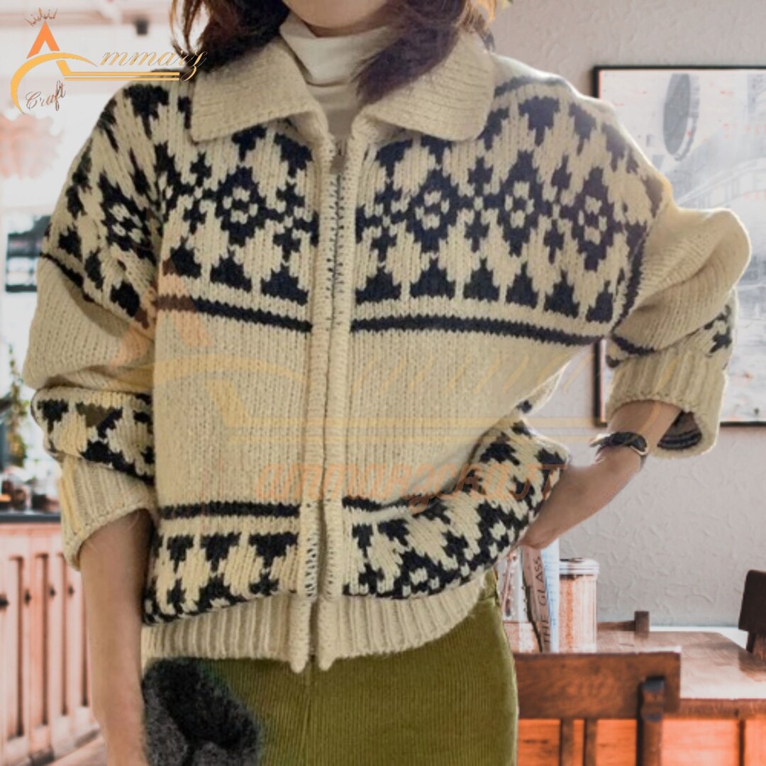 Women Jacquard Zipup Knitwear With Retro Lapel & Contrast Etsy Australia