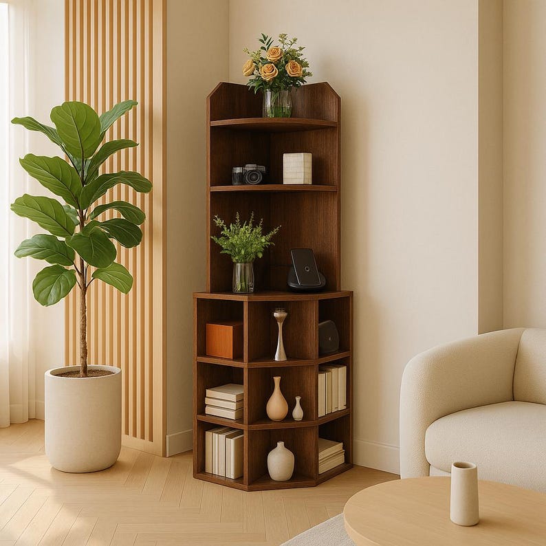 May include: A dark brown corner bookshelf with multiple shelves. The shelves display books, decorative vases, a camera, and a wireless charger. A vase of yellow flowers sits on the top shelf. A large potted plant is to the left of the bookshelf.