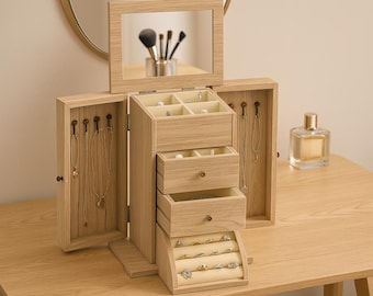 Handmade Wooden Jewelry Box Organizer| 4-Tier Velvet Lined Storage| Jewelry Organizer with Mirror| Natural Wooden Jewelry Box| Gift for Her