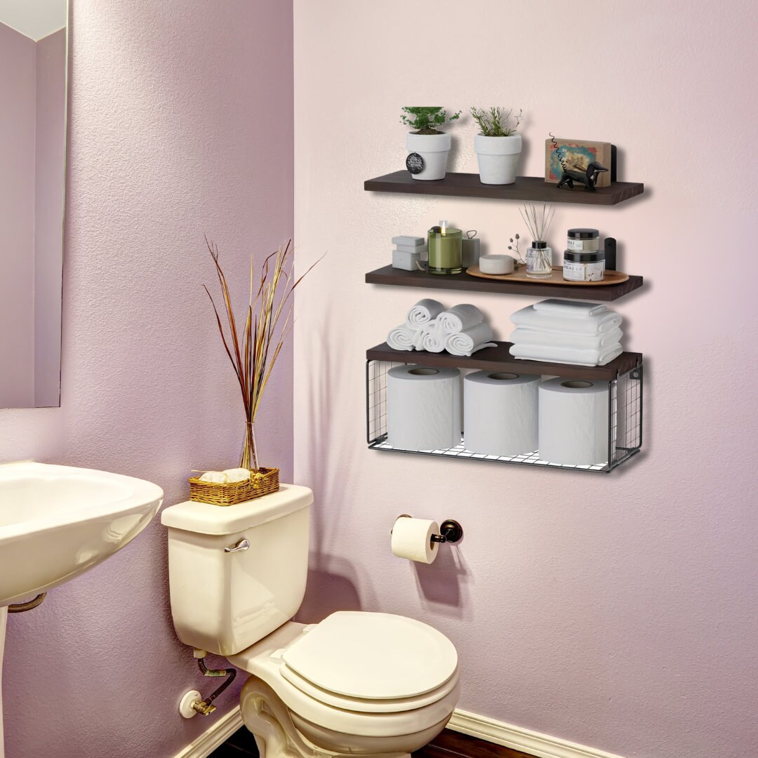 Set of 3 Wooden Floating Storage Rack Wall-mounted Bathroom Partition ...