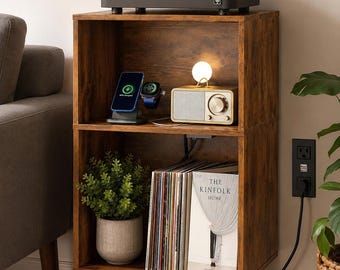 Record Player Stand Vinyl Record Storage Record Player Cabinet Modern Nightstand with Storage Small Space Bedside Table End Table