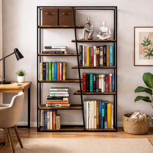 Estantería de madera de 7 niveles para el hogar y la oficina, organizador rústico, muebles de sala de estar y decoración del hogar.