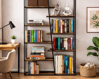 7 Tier Wooden Bookcase| Bookshelf for Home and Office| Rustic Storage Organizer| Living Room Furniture| Home Decor