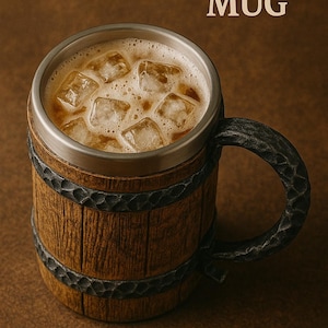 Könnte beinhalten: Ein Wikinger-Becher gefüllt mit einem Getränk und Eiswürfeln. Der Becher hat ein Holzfass-Design mit Metallakzenten und einem strukturierten Griff. Der Text "VIKING MUG" ist oben rechts zu sehen.