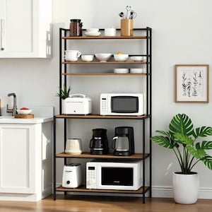 Kitchen Bakers Rack Industrial 5-Tier Microwave Oven Stand Freestanding Kitchen Utility Storage Shelf Workstation Organizer Coffee Bar