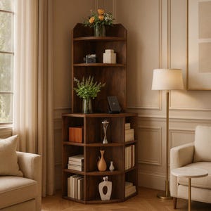 May include: A dark brown corner bookshelf with multiple shelves, displaying books, decorative items, and vases with flowers. The shelves are filled with various objects, including a camera, boxes, and a wireless charger. The bookshelf is placed in a well-lit room.