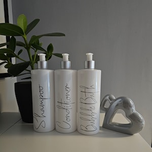 Bathroom pump bottles. Shampoo, Conditioner & Bubble bath bottle set white/grey pump bottles. Set of 3.