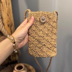 handmade crochet mini bag, straw phone pouch, woven summer bag, small shoulder bag,rattan style bag, boho accessory, phone bag, boho summer