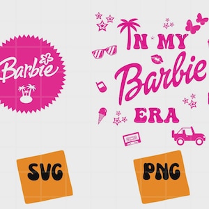 Könnte beinhalten: Rosa Grafikdesign mit dem Wort "Barbie" in Sternform und dem Satz "In My Barbie Era" mit verschiedenen Symbolen. Enthält SVG- und PNG-Dateiopktionen in orangefarbenen Quadraten.