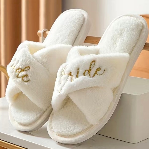 White Bride Slippers with Gold Lettering, Fluffy slippers, Comfortable White Slippers, Great For Wedding Photos, Bachelorette Party’s