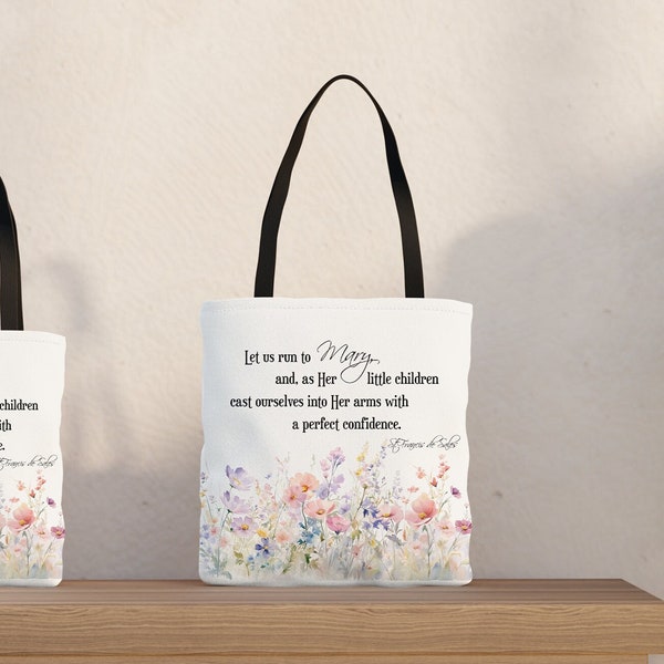 Run To Mary Tote Bag St. Francis de Sales, Catholic Religious Saints Quotes Floral Watercolor Cloth Tote Bag Reusable Shopping, Gift For Her