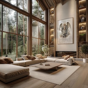 May include: A spacious living room with large windows overlooking a forest. The room features a beige sectional sofa, a wooden coffee table, and a fireplace. A framed artwork hangs above the fireplace. The room has wooden shelves and a light-colored rug.