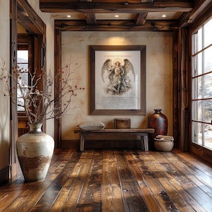 May include: A rustic interior with a framed print of St. Michael the Archangel above a wooden bench. A large vase with branches and berries sits near a doorway. The room features a wooden floor and ceiling beams, creating a warm, inviting atmosphere.